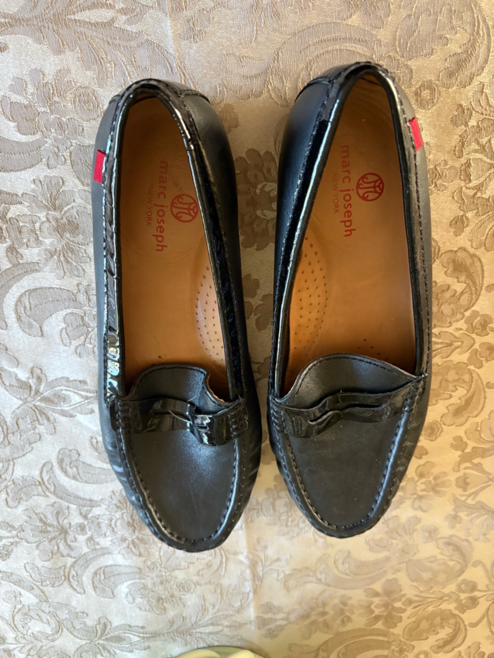 Marc Joseph Black Leather Penny Loafers with Red Accent leather and Patent trim